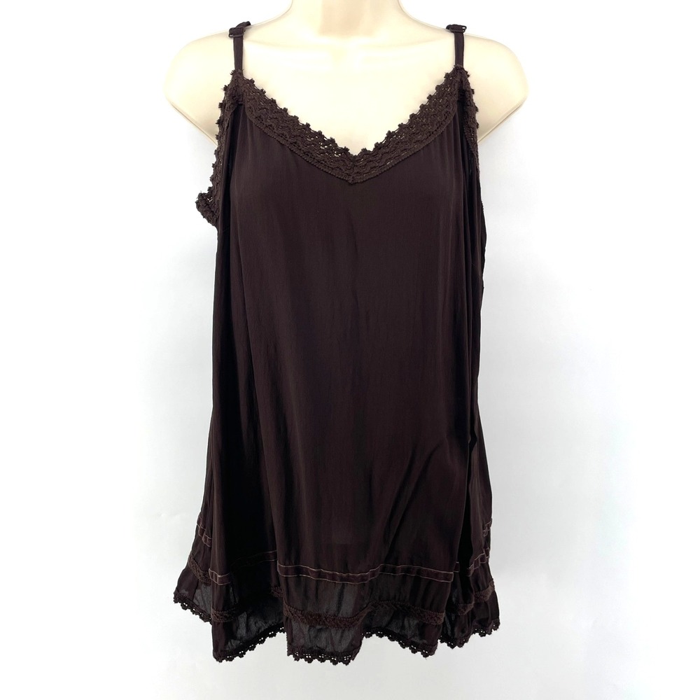 Vtg Y2K Cami Top M Crepe Brown Fairy Grunge Whimsigoth Boho Lace Velvet Trim
